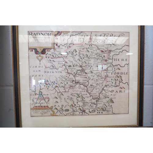 1201 - A Walnut framed water colour of a river scene, a needle work Pheasant, and a hand coloured map of Wa... 