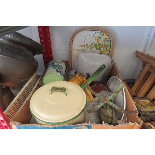 1202 - A box of various Kitchenalia including scales, coffee perculator molds and a Judgeware saucepan, etc