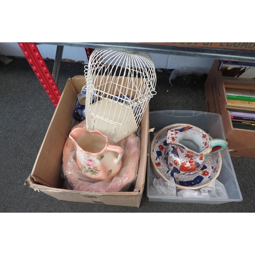 1217 - Three wash bowls and jugs including Ironstone china and others and a bird cage   (E) £15-20