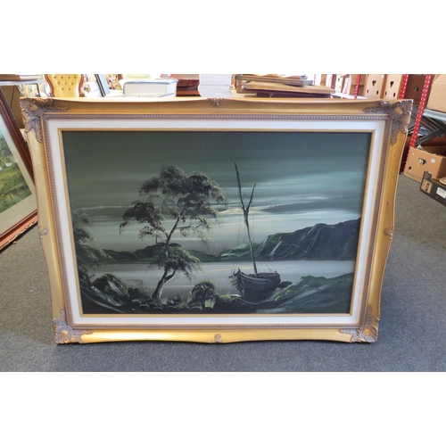 1220 - A monotone oil on board of Lakeland scene, boat to foreground, signed lower right, gilded frame, 58c... 