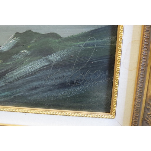1220 - A monotone oil on board of Lakeland scene, boat to foreground, signed lower right, gilded frame, 58c... 