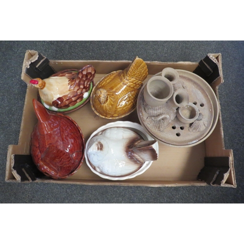 1227 - A box of chicken egg pots and a garden water feature
