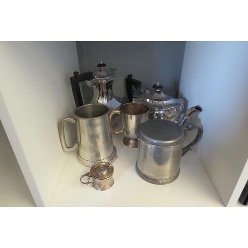 1238 - A rhodoplate tea and coffee pot, a pewter tankard, a silver mustard pot with blue glass inside and a... 