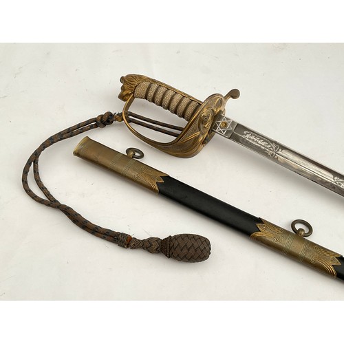 8086 - An 1827 pattern naval officer’s sword, brass hilt with King’s crown over anchor mark, ray skin grip,... 