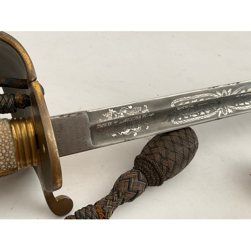 8086 - An 1827 pattern naval officer’s sword, brass hilt with King’s crown over anchor mark, ray skin grip,... 