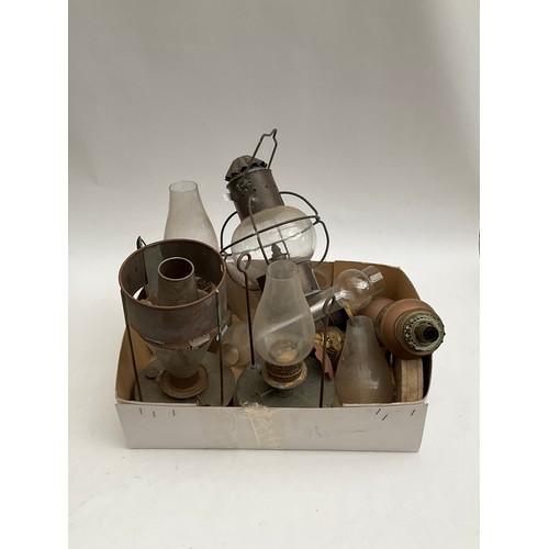 8080 - A box of mixed oil lamps and fittings including ship’s lantern