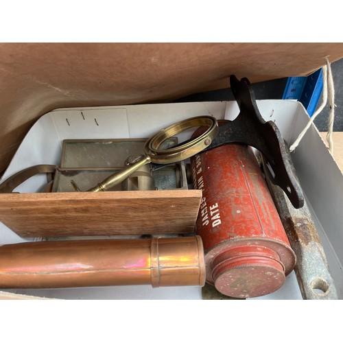 8073 - A box of mixed items including a wall mounting brass gimbal and lead weight etc