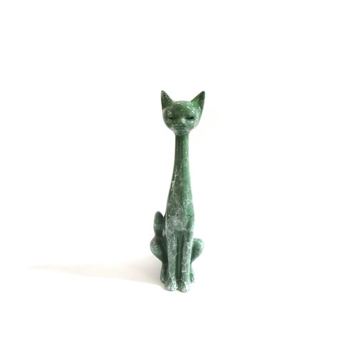 7012 - A large Italian pottery figure of a cat with a 'marbled' green and white painted glaze. 53cm high