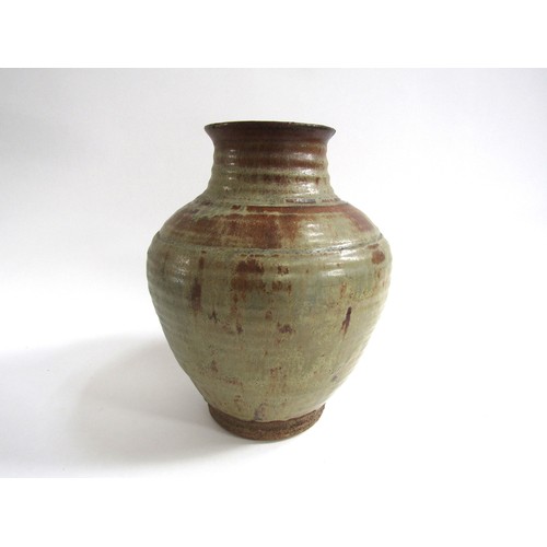 7108 - MARGARET REY (b.1911-2010): A large stoneware vase with shouldered form and various ash glazes. Impr... 