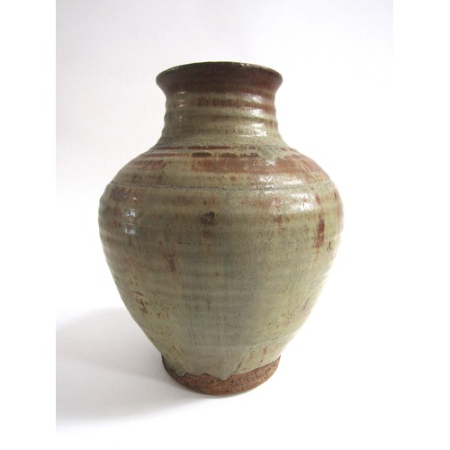 7108 - MARGARET REY (b.1911-2010): A large stoneware vase with shouldered form and various ash glazes. Impr... 