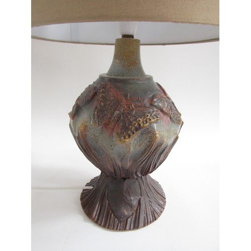 7119 - BERNARD ROOKE (b.1938): Stoneware lamp base with pink and grey glazes and applied butterflies, overa... 