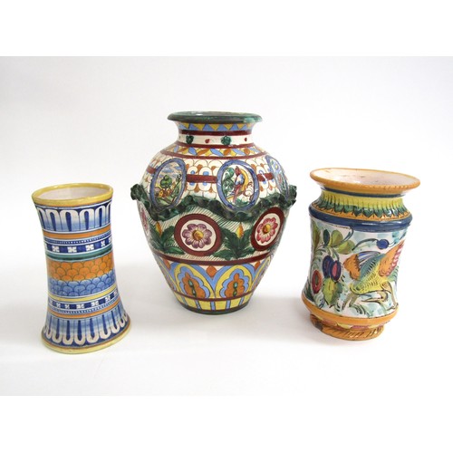 7022 - Three 1950's Italian pottery vases including Perugia, Deruta, etc.  Tallest 24cm