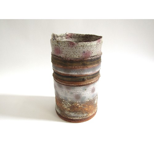 7069 - ROBIN WELCH (1936-2019) A studio pottery cylindrical vase, textured finish and enriched with gilt (c... 