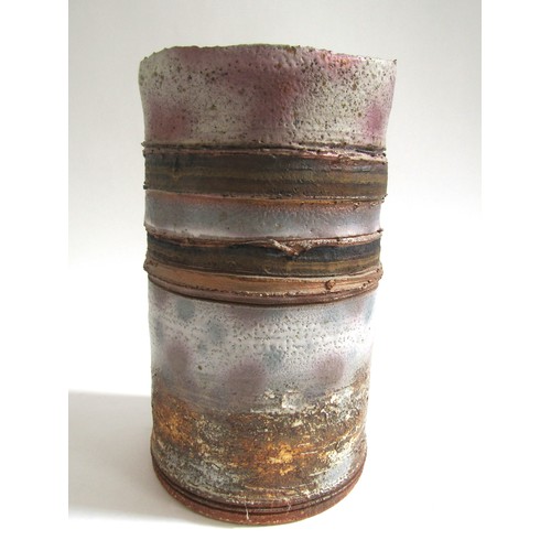 7069 - ROBIN WELCH (1936-2019) A studio pottery cylindrical vase, textured finish and enriched with gilt (c... 