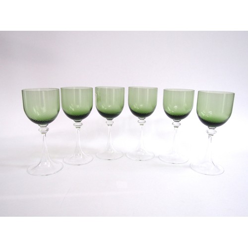 7244 - A set of six Nason Moretti Murano wine glasses with green ribbed bowls on clear tulip feet 17cm high