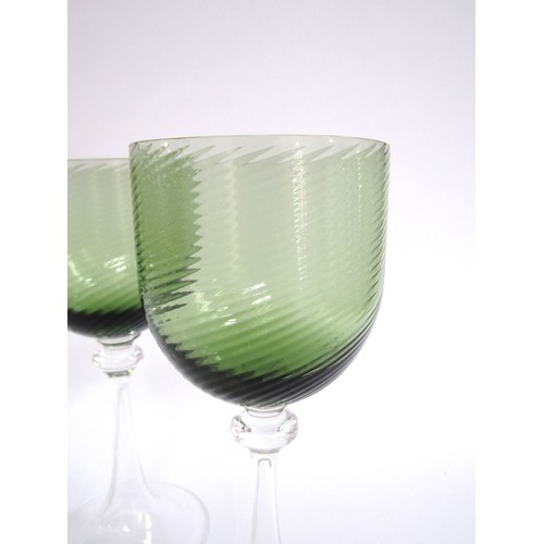 7244 - A set of six Nason Moretti Murano wine glasses with green ribbed bowls on clear tulip feet 17cm high