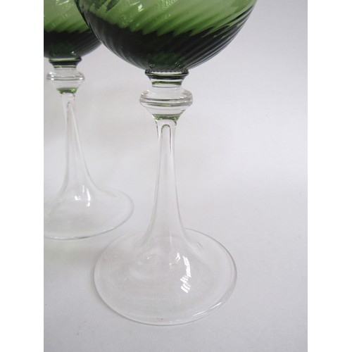 7244 - A set of six Nason Moretti Murano wine glasses with green ribbed bowls on clear tulip feet 17cm high