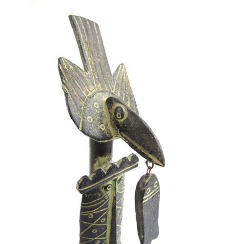 7065 - JOHN MALTBY (1936-2020) (ARR) A studio pottery sculpture, King and Crow with fish. Metal rod and bas... 