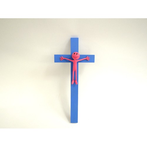 7577 - JAMIE ANDREWS (b.1963) A painted wood and plastic figure on cross titled 'Race and Religion'. Signed... 