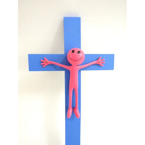 7577 - JAMIE ANDREWS (b.1963) A painted wood and plastic figure on cross titled 'Race and Religion'. Signed... 