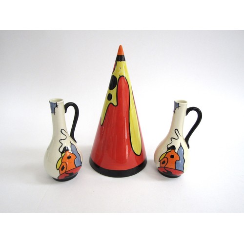 7005 - A Lorna Bailey giant shaker, larva pattern, 22.5cm high and two Hill House vases, 14cm high