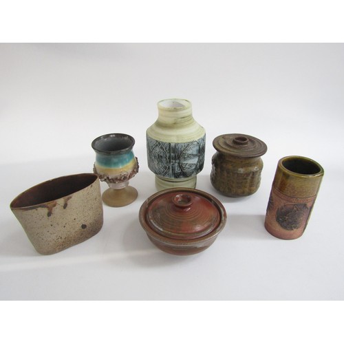 7134 - Six pieces of Studio pottery, a Carn pottery vase, a Bob Dawe of Sudbury small vase, an Icelandic go... 