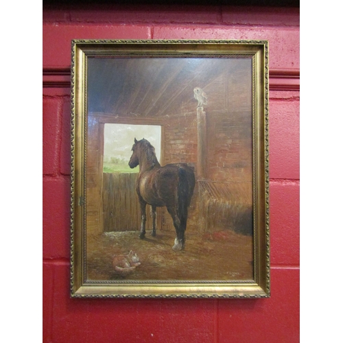 4063 - J.G.MACE (Norfolk artist): An oil on board depicting interior stable scene with horse, owl and cat, ... 