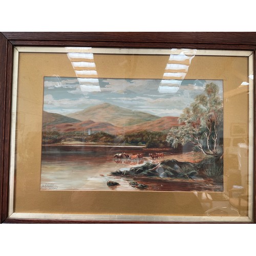 4088 - B.W.KNIGHT (XIX-XX): A mixed media, highland landscape with cattle at waters edge, trees and hills t... 