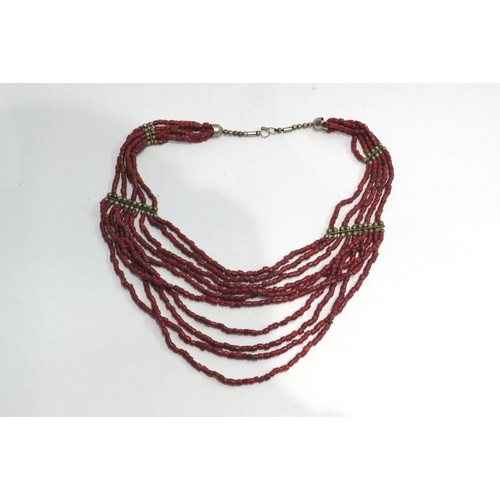 4365 - A retro multi-strand bead necklace with brass ball and bar links