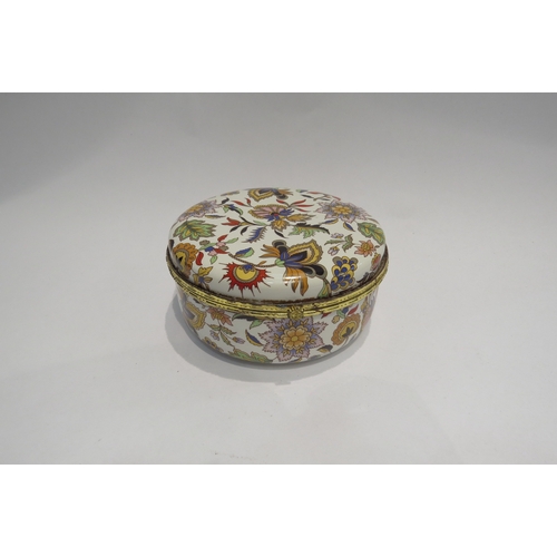 4345 - A large enamel lidded box with flower decoration, 6.5cm deep x 14cm diameter  (R)  £10