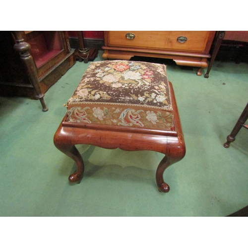 4196 - A circa 1830 William IV mahogany stool, the raised tapestry drop-in seat over scroll foot cabriole l... 