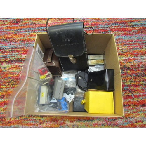 4264 - A box of various measuring equipment including Moore & Wright micrometer, digital thermometer, etc