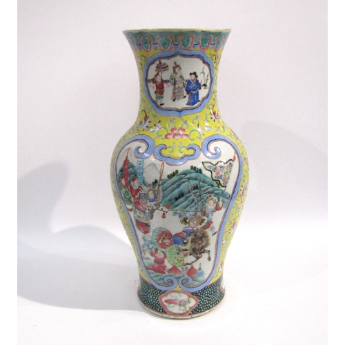 4079 - A 19th Century Chinese vase with yellow body, figural and warrior on horse back, cartouches and long... 