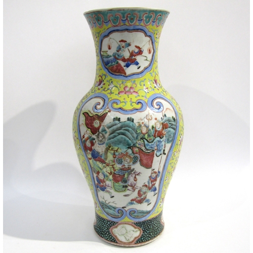 4079 - A 19th Century Chinese vase with yellow body, figural and warrior on horse back, cartouches and long... 