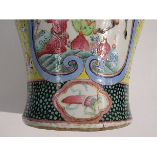 4079 - A 19th Century Chinese vase with yellow body, figural and warrior on horse back, cartouches and long... 