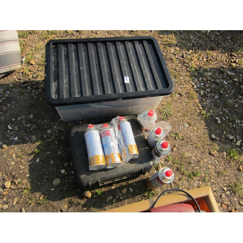 3458 - A camping stove and a box of mixed drill bits and fittings