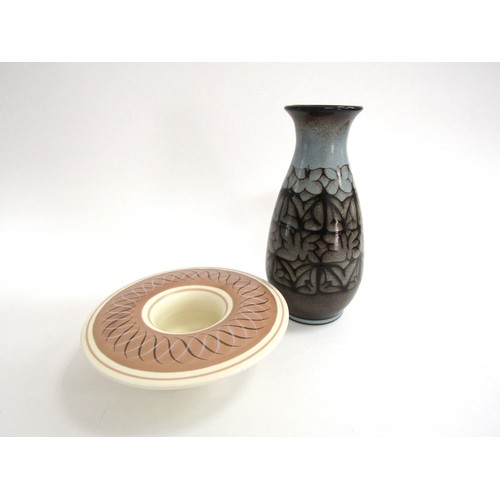 7008 - Two Poole Pottery items.  Freeform posy ring, 19cm diameter and an Aegean blue vase.  23cm high