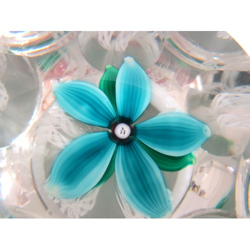 7170 - A Strathearn 1973 paperweight with blue flower, cut sides. Date Cane. 18.5cm high