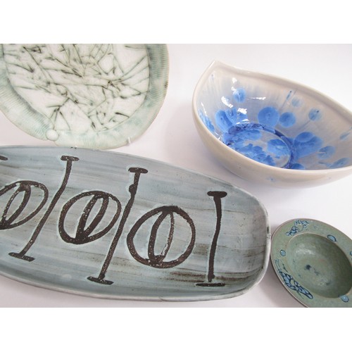 7110 - Four Studio pottery bowls/dishes and Cinque Ports Rye, blue glazes including crystalline.  Largest 4... 