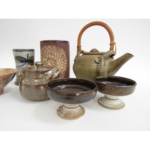 7107 - Eight Studio Pottery items including Kersey teapot.  Quantock vase, etc.  Tallest 17.5cm