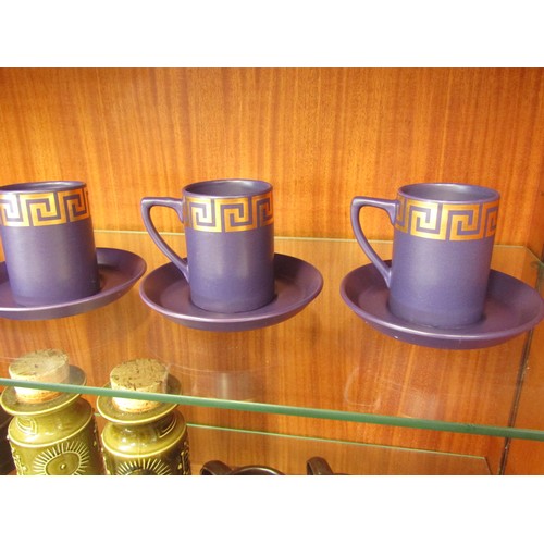 7050 - A collection of Portmeirion including five cups and saucers in purple and gold Greek Key pattern and... 