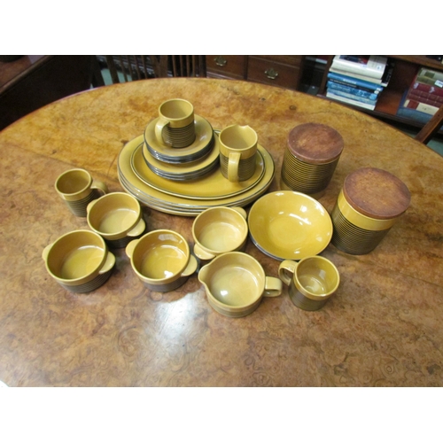 4071 - A selection of T.G. Green Pottery, mustard ground with black line detail including serving plates, s... 