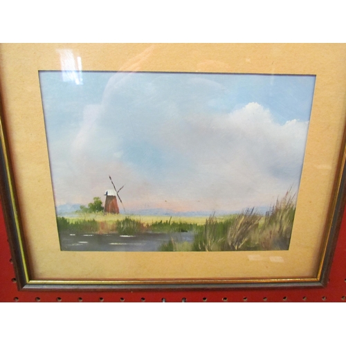 4089 - Four oil paintings depicting rural landscape scenes including windmill and rivers, oak framed and gl... 