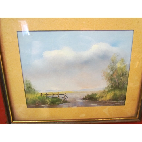 4089 - Four oil paintings depicting rural landscape scenes including windmill and rivers, oak framed and gl... 