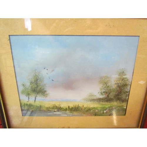 4089 - Four oil paintings depicting rural landscape scenes including windmill and rivers, oak framed and gl... 