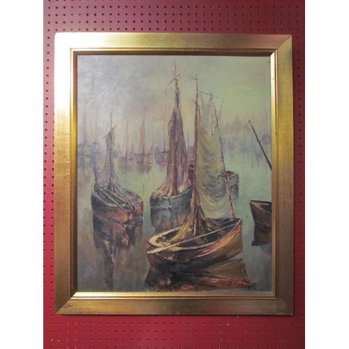 4094 - J. PIEREL: An oil on canvas of departing sail boats at sea. Signed lower right. Gilt frame. 54cm X 4... 