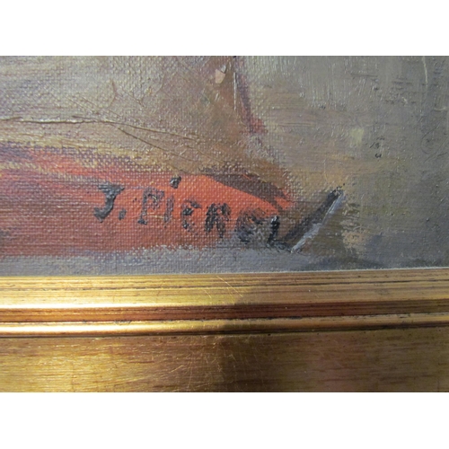 4094 - J. PIEREL: An oil on canvas of departing sail boats at sea. Signed lower right. Gilt frame. 54cm X 4... 