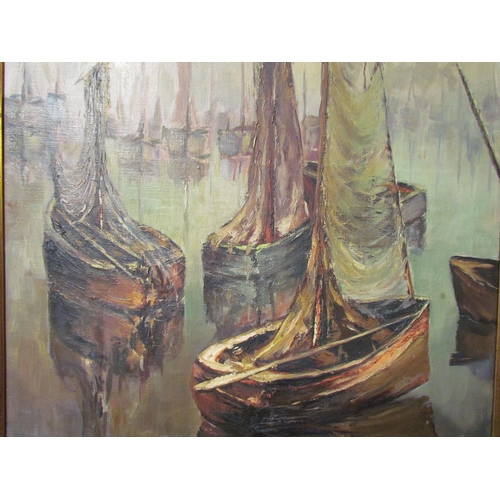 4094 - J. PIEREL: An oil on canvas of departing sail boats at sea. Signed lower right. Gilt frame. 54cm X 4... 