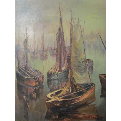 4094 - J. PIEREL: An oil on canvas of departing sail boats at sea. Signed lower right. Gilt frame. 54cm X 4... 