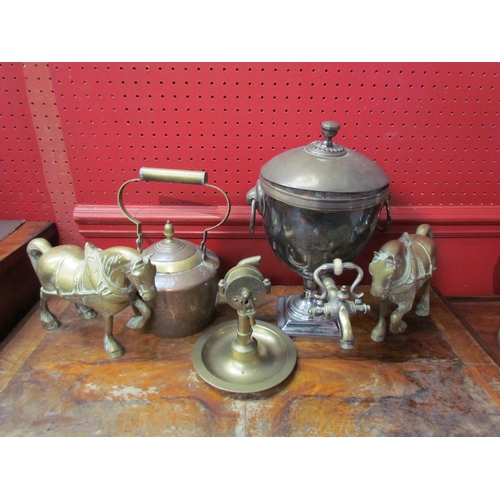 4096 - A copper and brass kettle, a plated samovar, a brass ashtray in the shape of a ship's telegraph and ... 